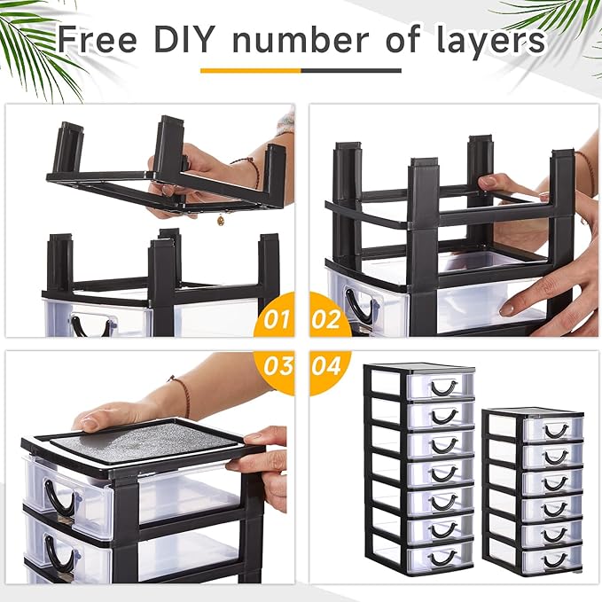 Thyle 2 Pcs Plastic Drawers Organizer Mini Organizer Stackable Plastic Clear Drawer Storage Box Containers Storage Units for Desktop Classroom Craft 6.7 x 4.9 x 13.4 inches(Black)