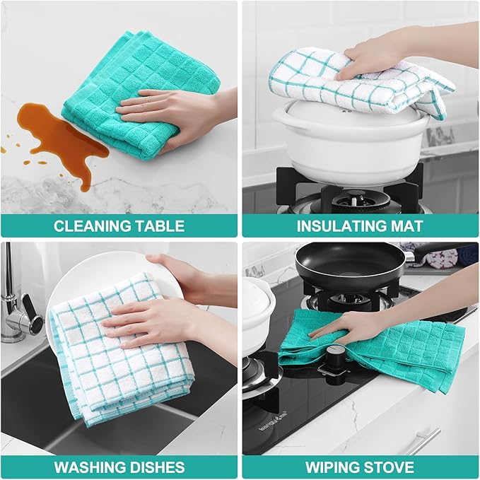 Homaxy Premium Cotton Kitchen Towels 16"x 28", Large Natural Ring Spun 390 GSM Dish Towels, Super Absorbent Terry Kitchen Hand Towels, Soft Tea Towels with Hanging Loop, Aqua Check Design, 6 Pack