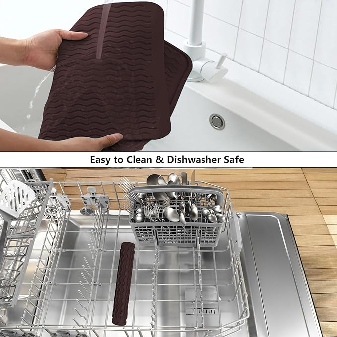 ZLR Silicone Dish Drying Mat & Heat Resistant Trivet (12" x 16") - Waterproof Counter Protector for Air Fryer, Coffee Maker - Non-Slip, BPA Free Kitchen Pad, Easy Clean Dishwasher Safe (Coffee)