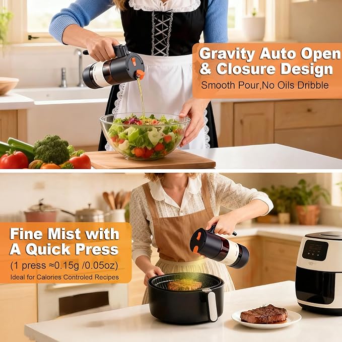 2-IN-1 Oil Sprayer for Cooking with 8 Stickers Light-Blocking Dark Glass Olive Oil Dispenser Bottle for Kitchen 500ml/16.9oz Oil Mister for Air Fryer, BBQ,Salad Even Spray with Portion Control-2PC