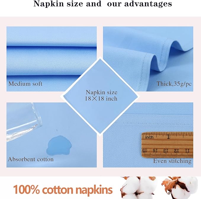 Light Blue Cloth Napkins Set of 6,18x18 inch,Spring Decorations for Table,Made of 100% Cotton,Washable Cloth Napkins,Good for Easter, Baby Shower Everyday use, Parties.(Blue)