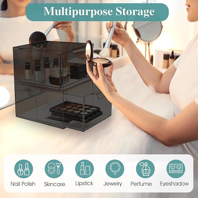 SpaceHacks 4 Pack Stackable Makeup Organizer and Storage, Acrylic Organizers，Clear Plastic Storage Drawer with Pull-Out Handles for Vanity, Undersink, Kitchen Cabinets, Pantry, Black