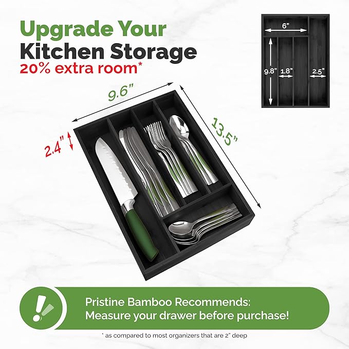 Pristine Bamboo Silverware Organizer - Kitchen Drawer Organizer and Utensil Organizer - Cutlery Tray – Flatware, Utensil and Silverware Holder - Silverware Tray for Drawer (5-Slots, Black)