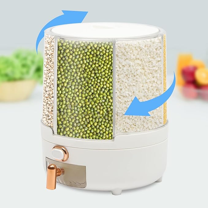 Cereal Dispenser Countertop 360° Rotating Grain Storage Container 13.2-27.56 Lbs Rice Dispenser 6 Grids Dry Food Dispenser Candy Dispensers for Grains, Beans, Rice (White+Clear, 14.33Lbs)