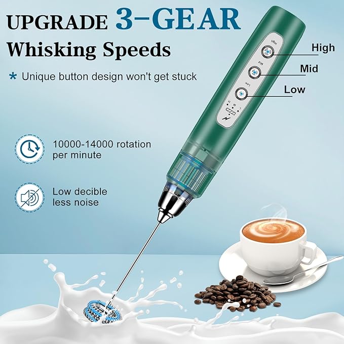 BSRGMS Milk Frother Handheld for Coffee, Electric Whisk 3 Speed Adjustable, Drink Mixer with Stainless 3 Whisks, Rechargeable Hand Frother Wand, for Latte Cappuccino Hot Chocolate Egg Green