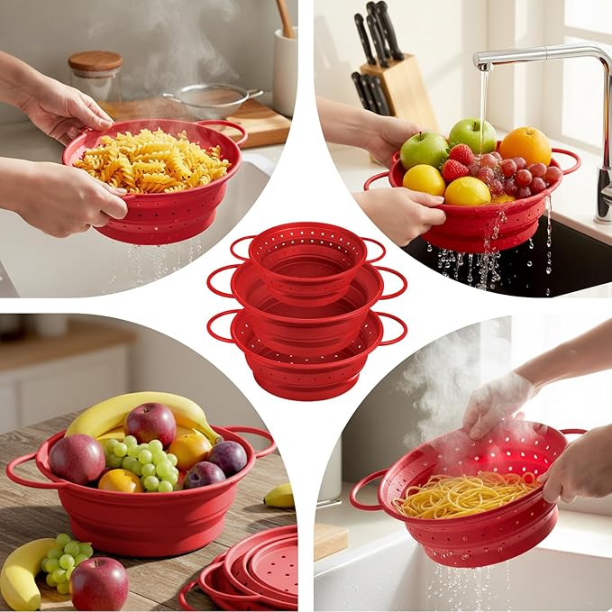 3 Pack Collapsible Colander with Strainer Bowl Set, 11 & 13 In BPA-Free Silicone Colanders for Kitchen, Heat-Resistant Space-Saving Strainer Dishwasher Safe Baskets for Vegetable Fruits(Red)