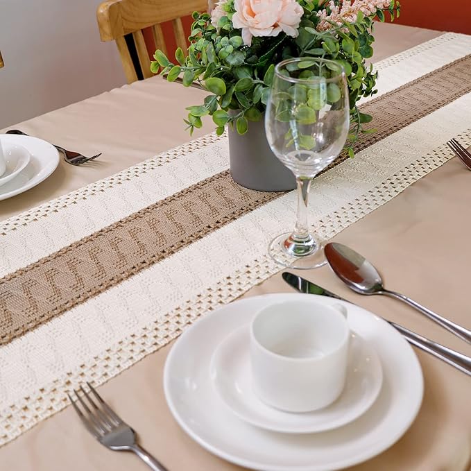 OurWarm Splicing Burlap Table Runner Farmhouse Style, Boho Table Runner Modern Farmhouse Decor Rustic Woven Cotton Crochet Lace for Bohemian, Rustic, Wedding, Bridal Shower, Dinner, 108 inch