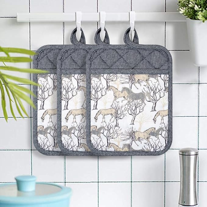 Pot Holders Set of 3 Silicone Printing Non Slip Heat Resistant, Yarm-Dyed Hot Pads Cotton Home Kitchen Cooking Barbecue Microwave Women Men Machine Washable BBQ Grilling. (Gray Potholders)