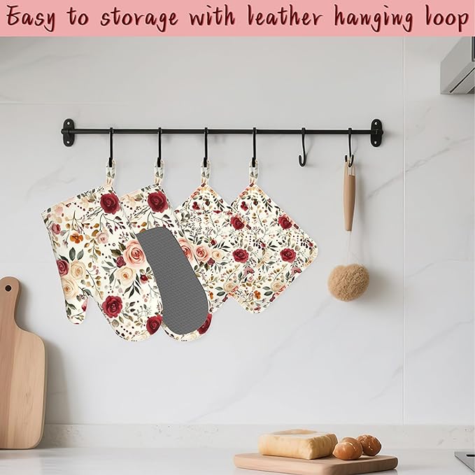 Spring Flowers Silicone Oven Mitts and Pot Holders,Pink Roses Heat-Resistant 4 Piece Kitchen Set Non-Slip Oven Gloves and Hot Pads for Cooking, Baking, Grilling,BBQ