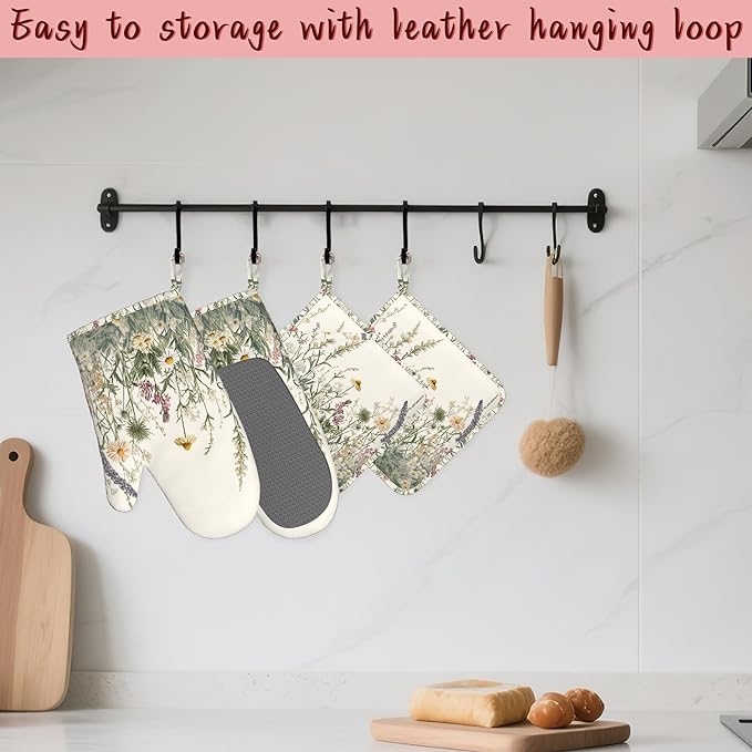 Wildflower Floral Oven Mitts and Pot Holders (4PCS),Vintage Garden Flowers Heat Resistant Non-Slip Silicone Kitchen Gloves for Cooking, Baking, BBQ Waterproof Kitchen Accessories