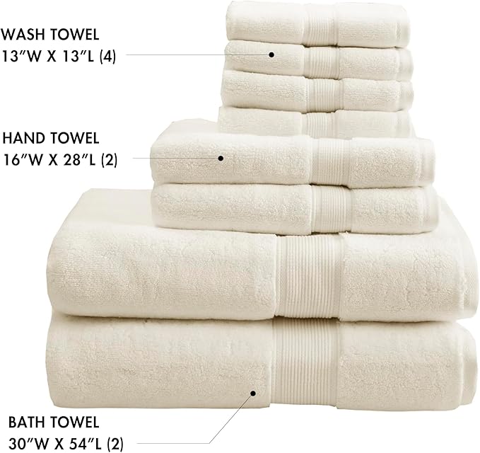 Madison Park 800GSM 100% Cotton Luxury Bathroom Towels ,Long Oversized Linen Cotton Bath Towel Set , 8-Piece Include 2 Bath Towels, 2 Hand Towels & 4 Wash Towels, Cream