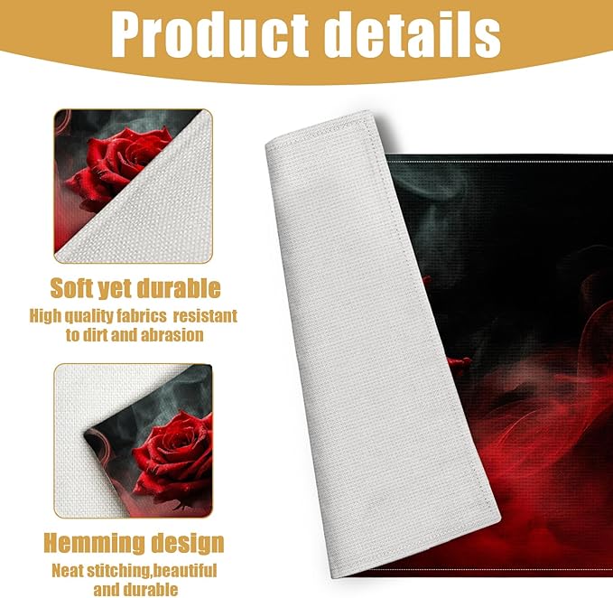 Red Rose Placemats Set of 6, Vintage Flower Linen Place Mat Washable Stain Resistant Table Mats for Farmhouse Kitchen Dining Holiday Party Wedding Decor 12x18 Inch