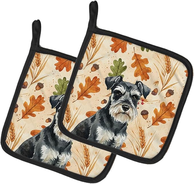 Caroline's Treasures Black & Silver Miniature Schnauzer Heirloom Fall Pair of Pot Holders Pair 7.5x7.5 Quilted Insulated Hot Pads Decorative Kitchen Gift Made in USA