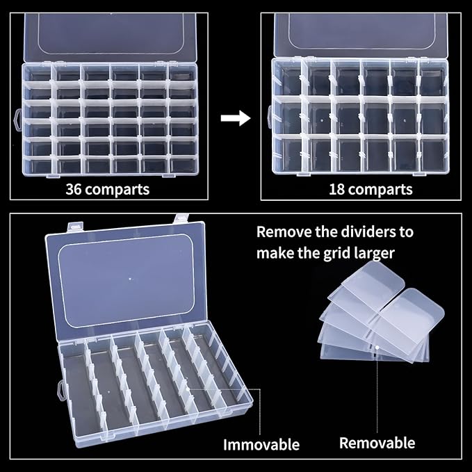 OUTUXED 2 Pack 36 Grids Clear Plastic Bead Organizer Box, Fishing Tackle Box Compartment Organizer with Adjustable Dividers for Jewelry, Art Craft, Bead Storage Containers with 5 Sheets Label Stickers