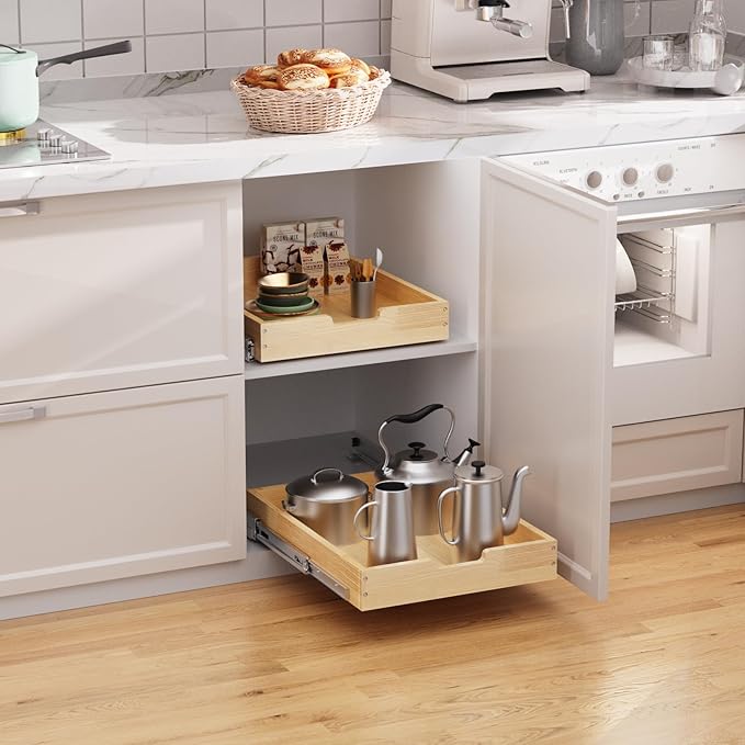 Sikarou Wood Pull Out Cabinet Organizer 17" W x 21" D, Heavy-Duty Sliding Drawers for Inside Cabinets Storage and Organization for Kitchen, Pantry, Bathroom