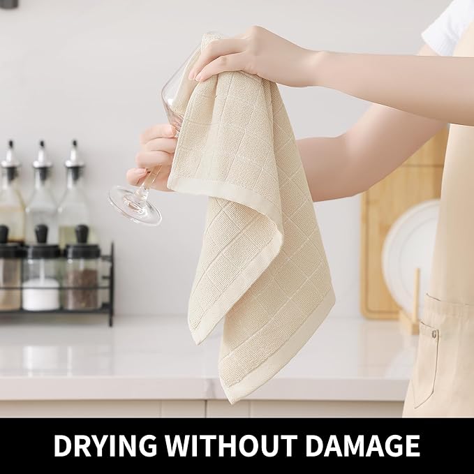 Homaxy Kitchen Towels and Dishcloths Set, 12 x 12 and 13 x 28 Inches, Set of 8 Bulk Cotton Terry Kitchen Towels Set, Checkered Designed, Soft and Super Absorbent Dish Cloths, Beige