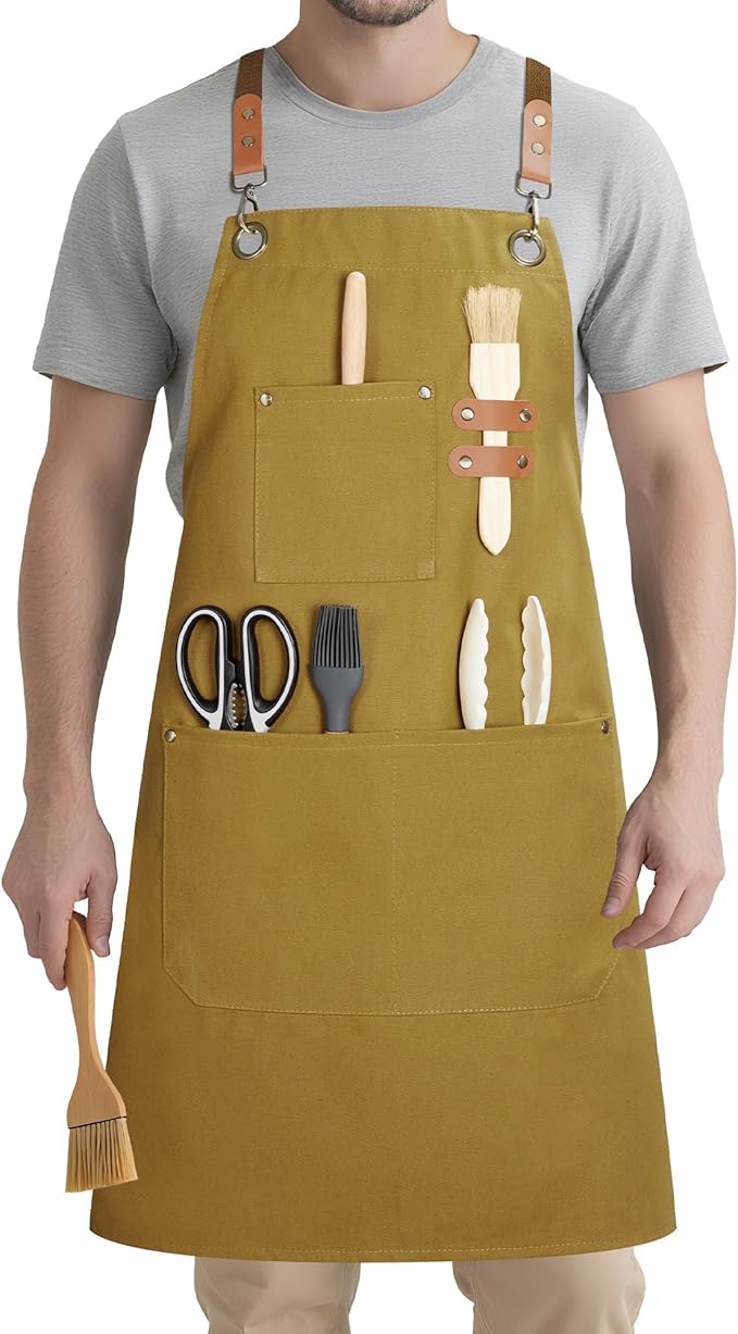 Syntus Apron for Men Women, Adjustable Cooking Kitchen Chef Aprons with 2 Pockets, Cotton/Polycotton/Polyester