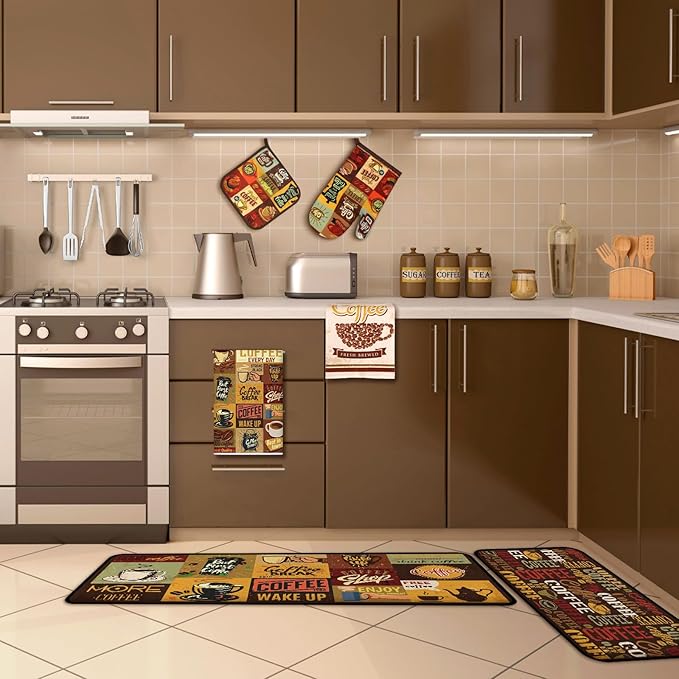 Fourluoo 10 Pcs Coffee Kitchen Decor and Accessories Coffee Oven Mitts and Pot Holders Set Dish Towels Farmhouse Kitchen Decor Retro Brown Gloves for Chef Baking Cooking Grilling BBQ Women Gift
