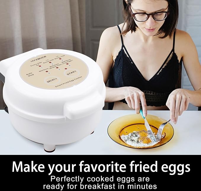 Hyvance Smart Fried Egg Cooker, Automatic Fried Egg Maker for 6 Features like Sunny Side Up, Over Easy, Fully Cooked & More. Auto Power Off, Alarm, Round Shape, Non Stick Coating PFAS FREE (White)