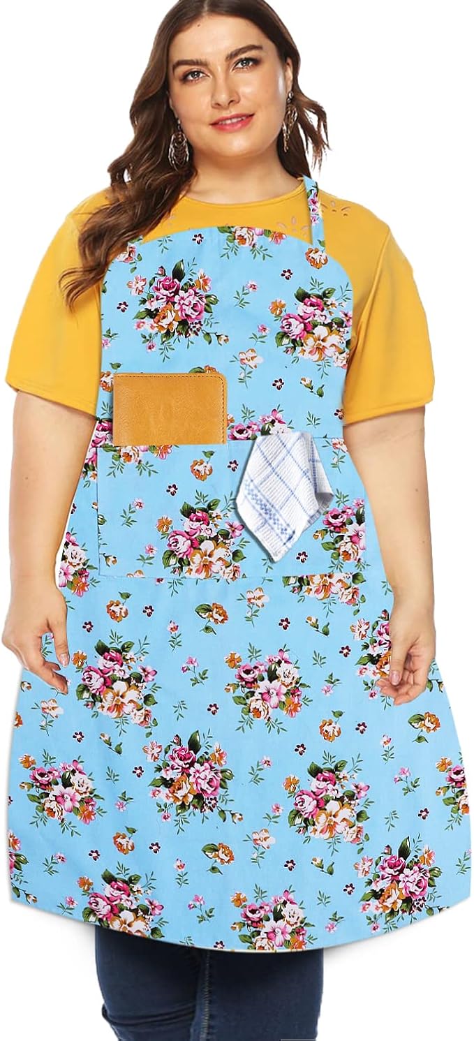 Sanlykate Extra Large Canvas Cotton Apron for Men & Women, Plus Size Durable Aprons with 2 Pockets, Adjustable Bib Machine Washable Oversized Aprons for Baking, Cooking, Painting - Blueness