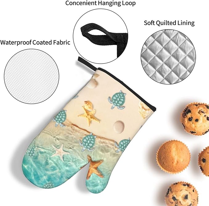 Sea Turtles Beach Oven Mitts and Pot Holders Sets of 3 Nautical Kitchen Decor Heat Resistant Hot Pads Teal Nautical Decorative Oven Gloves for Cooking Grilling Baking