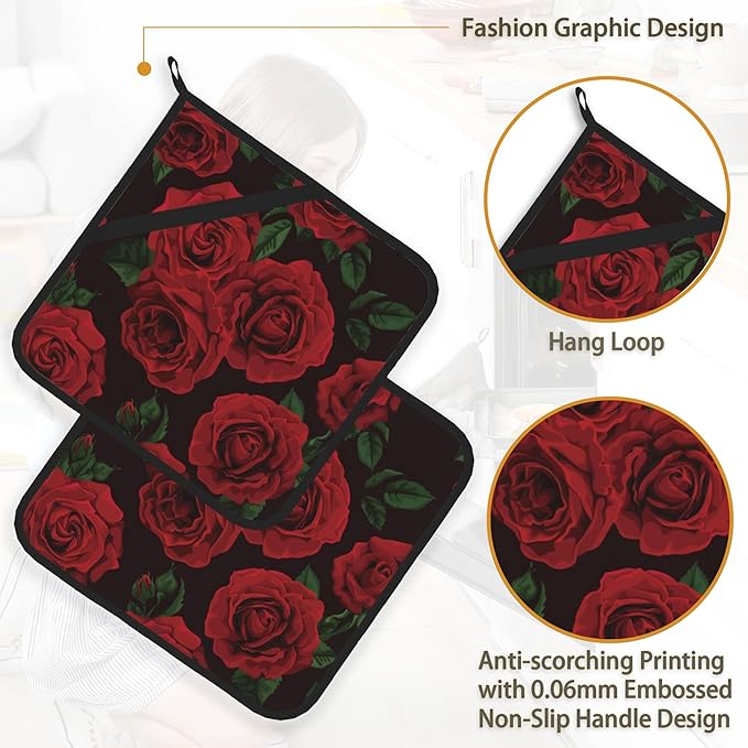 Vintage Red Rose Pot Holder Set of 2,Heat Resistant Potholders Oven Hot Pads for Kitchen Cooking Baking BBQ