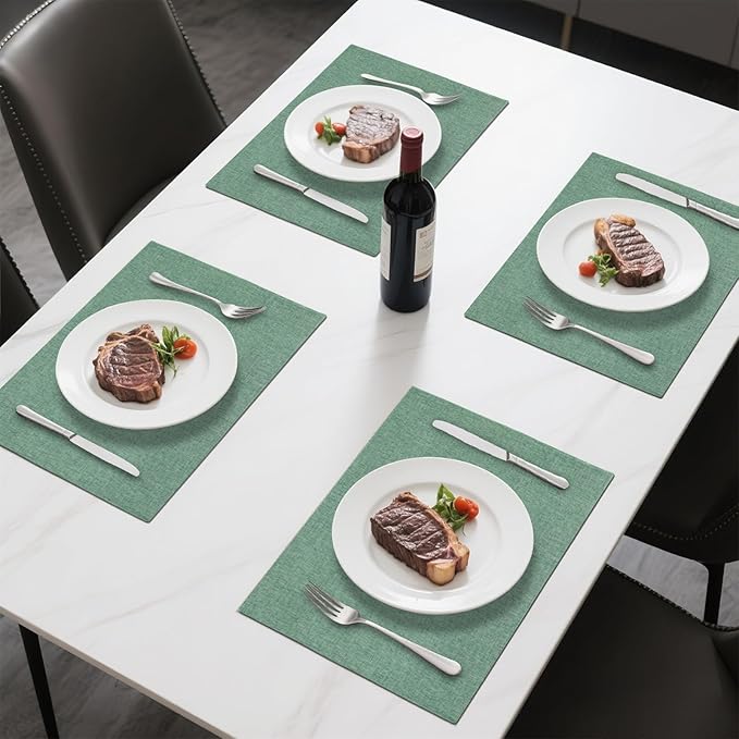 Linen Cloth Double Layers Placemats, Cotton Woven Placemats Set of 6, Kitchen Table Farmhouse Decor Heat Resistant Table Mats, Outdoor Indoor Square Fabric Place Mats Can be Washable (Light Green)