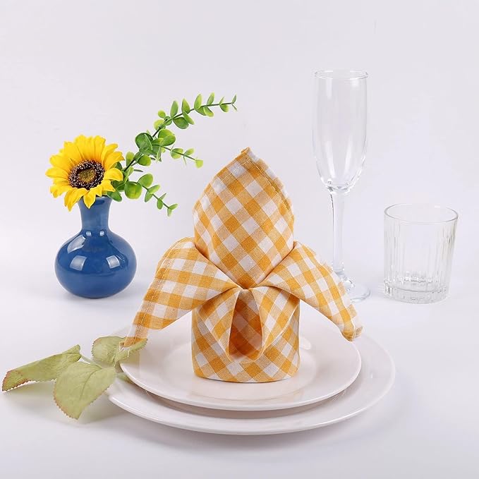 Yellow White Buffalo Plaid Cloth Napkins Set of 6, 18 x 18 Inches Washable Table Napkins, Reusable Gingham Cloth Dinner Napkins for Wedding, Parties, Thanksgiving, Christmas, Dining Celebration