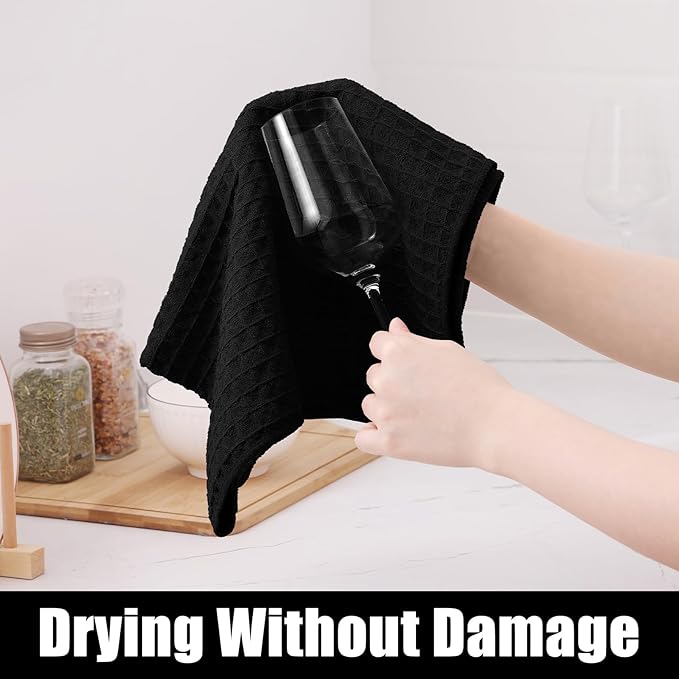 Homaxy Microfiber Waffle Weave Kitchen Towels Set, 16 x 28 Inch and 12 x 12 Inch Ultra Absorbent and Solid Color Dish Towels, 8 Pack, Black