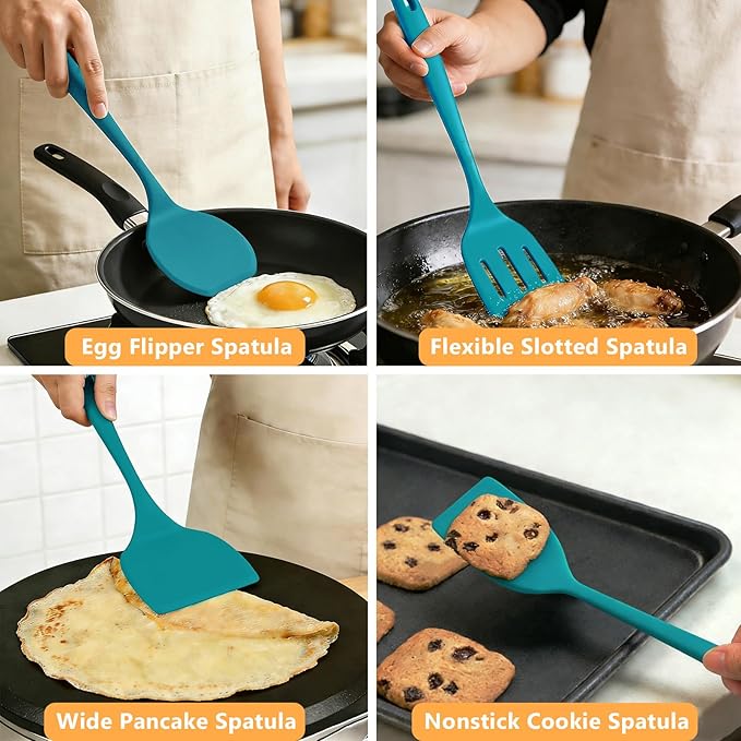 Silicone Spatula Set, 600°F Heat Resistant Spatulas for Cooking, BPA Free, Large Flexible Nonstick Flippers, Great for Egg, Pancake, Burger, Dishwasher Safe (4 Pack, Teal)