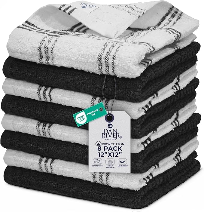DAN RIVER Premium Dish Cloth 100% Cotton 12 X 12 Inches |Pack of 8|-Ultra Soft Tea Towels-Highly Absorbent Kitchen Rags-Terry Dishcloth for Kitchen and Household Cleaning |Black|