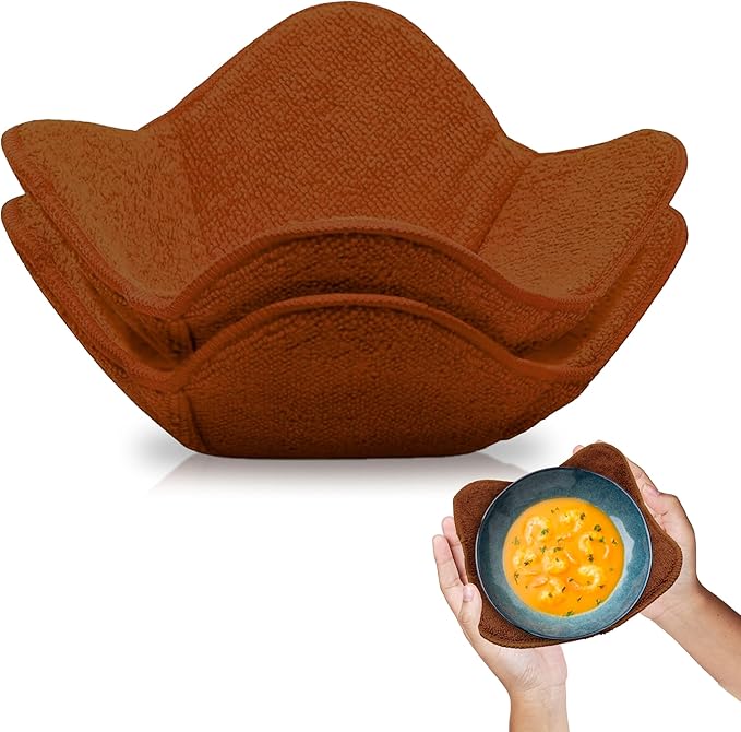 Set of 2 Microwave Bowl Cloth Hot Pads with Brown Color - Multipurpose Heat Resistant Plate Holders 7"x4" Inches - Pot Holder Microwavable Bowl Cozies for Food - Ramen Soup or Bowl Cozy