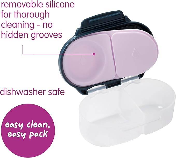 b.box Snack Box 2 Pack - Leak Proof Mini Bento Box for Kids & Toddlers, 2 Compartment Snack Containers for Kids, Dishwasher Safe, BPA Free, PFAS Free, Ages 4m+, 1 3/4 Cup Each (Strawberry + Indigo)