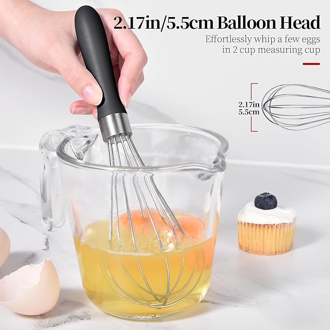 Small Whisk: Stainless Steel 9in Wire Balloon Wisk Kitchen Egg Whisker Heavy Duty Hand Mixer for Cooking Baking Whipping Blending Mixing Stirring Sauce, Flour, chocolate (Black)