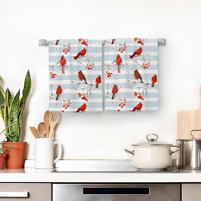 Winter Birds Cardinal Christmas Decor Kitchen Towels Decorative Set Soft Absorbent Hand Towels for Kitchen Bar Tea Towels Christmas Holiday Decor Gifts 16x24 Inch