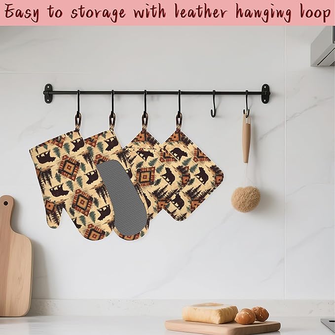 Tribal Bear Retro Geometric Silicone Oven Mitts and Pot Holders,Heat-Resistant 4 Piece Kitchen Set Non-Slip Oven Gloves and Hot Pads for Cooking, Baking, Grilling,BBQ