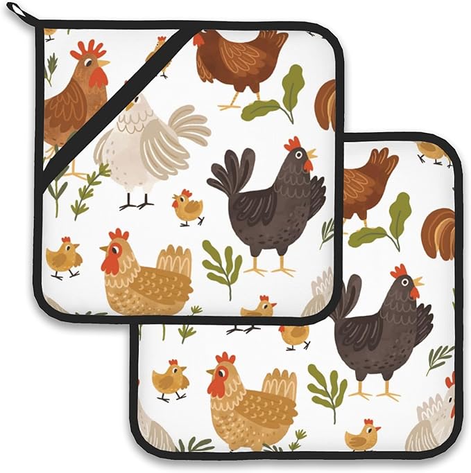 Cute Roosters Pot Holder Set of 2,Heat Resistant Potholders Oven Hot Pads for Kitchen Cooking Baking BBQ