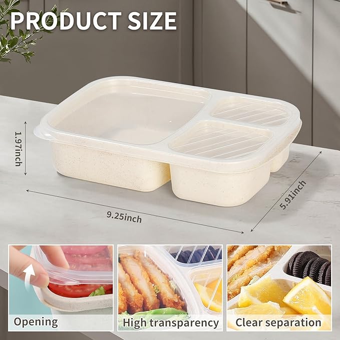 Bento Box Adult Lunch Box - 3 Pack,3-Compartment Leak-Proof Bento Boxes Ideal Portion Sizes for Kids , Reusable Food Storage Snack Containers,Microwave and Dishwasher Safe & Food-Safe Materials (blue)