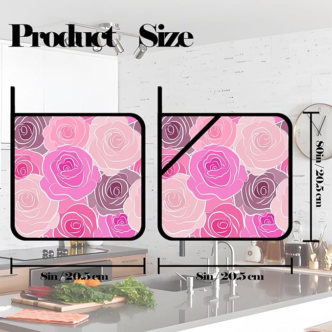 Pink Gold Rose Floral Pot Holders Set of 2,Kitchen Heat Resistant Potholder for BBQ Cooking Baking,Food Hot Pad for Women Men
