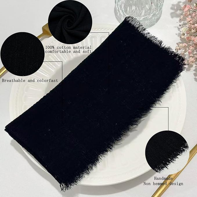 24Pack Black Cloth Napkins 17x17Inch Black Napkins Cloth with Fringe Soft Cotton Cloth Napkins Washable Rustic Dinner Napkins Cloth for Wedding Party Dinner Table