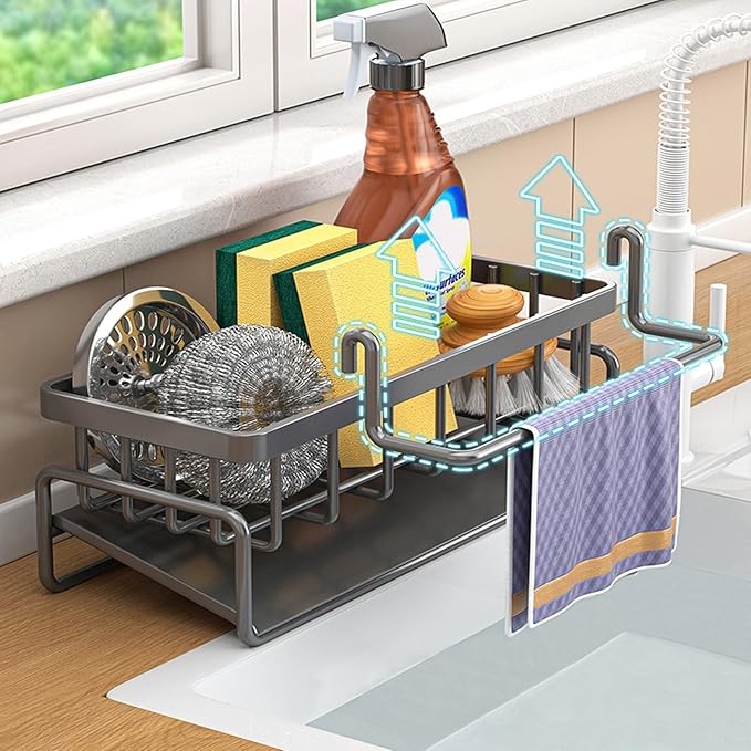 Sponge Holder for Kitchen Sink with Rag Holder, Kitchen Countertop Organizers and Storage Essentials, Rustproof Carbon Steel, Soap Dispenser Organize-Grey