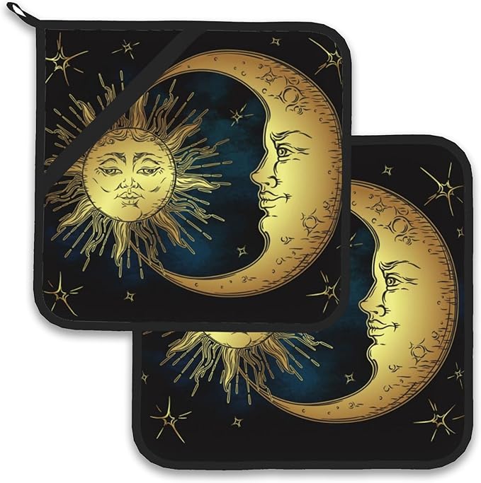 Celestial Moon Golden Sun Boho Chic Stars Pot Holder Set of 2,Heat Resistant Potholders Oven Hot Pads for Kitchen Cooking Baking BBQ