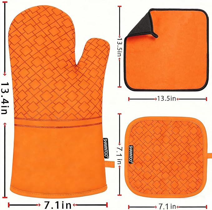 Oven Mitts and Pot Holders Sets 6pcs, Kitchen Oven Glove,High Heat Resistant 550 Degree Extra Long Oven Mitts and Potholders with Non-Slip Silicone Surface for Home Essentials (Grey) (Pumpkin Orange)