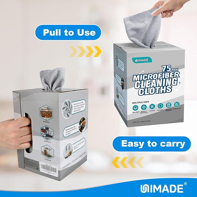 UNIMADE Microfiber Cleaning Cloth, 75 Sheets Microfiber Towels for Cars Commercial Grade Washcloths Lint-Free Bulk Shop Towel Cleaning Rags for Household Restaurant Garage Housekeeping, 11"x 9", Grey