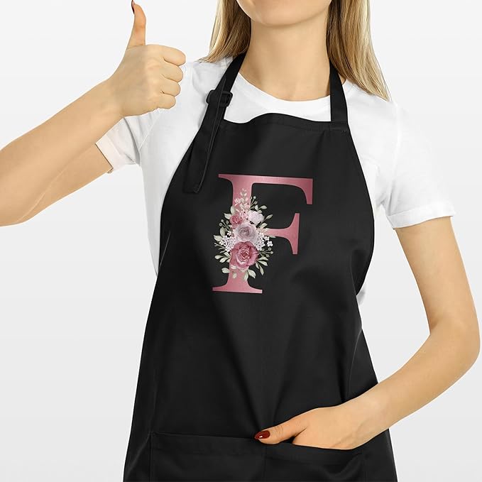 ROKO CLOTHING Personalized Initials Apron with Pockets Custom Kitchen Aprons Women for Baking Cooking Adjustable Neck Waist