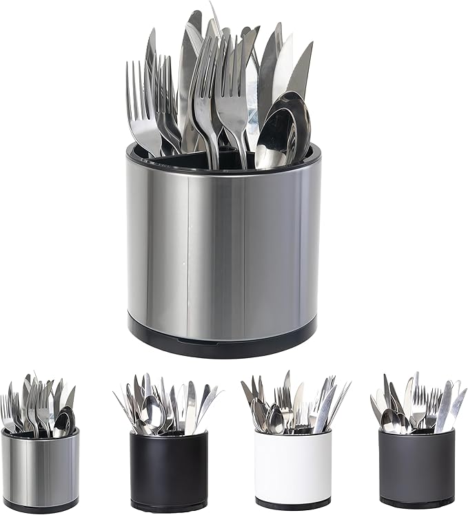 LIBODOUR Kitchen Utensil Holder Extra Large 360°Rotating For Counter Organizer Stainless Steel Storage Cooking Silverware Caddy 3 Compartment Flatware Spoon Spatula Tool Cutlery Container