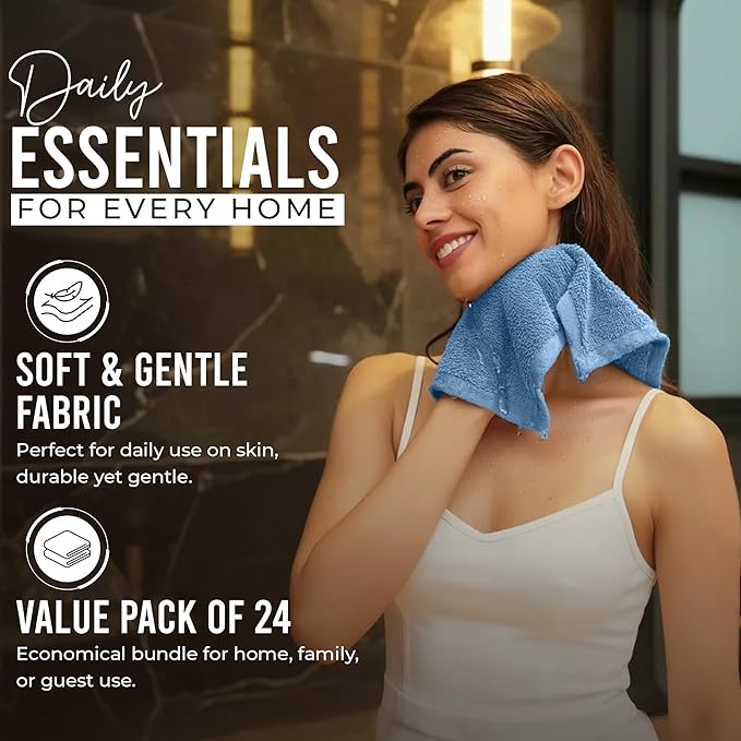 RIVERSIDE Pack of 24 Wash Cloths for Showering, 12 x 12 Inches, Super Soft & Absorbent, 100% Cotton Washcloths Premium Quality Flannel Face Cloths for Bathroom, Gym, Spa (Electric Blue, 24 Pack)
