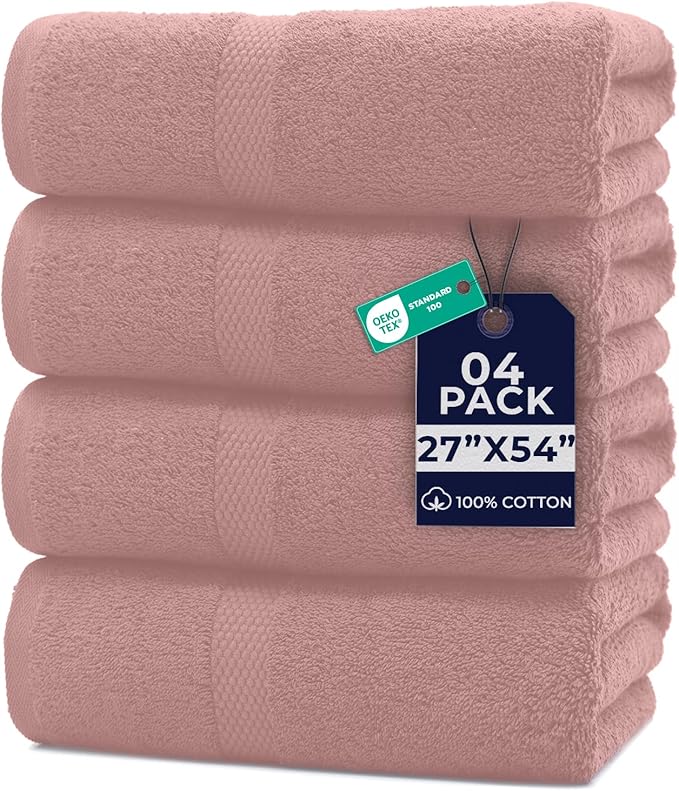 DAN RIVER Bath Towels Set of 4, 27 x 54 Inches, 100% Cotton, Larger & Lighter Weight, Quicker to Dry, Super Soft and Absorbent, Ideal Cotton Towels for Daily Use, Dusty Rose