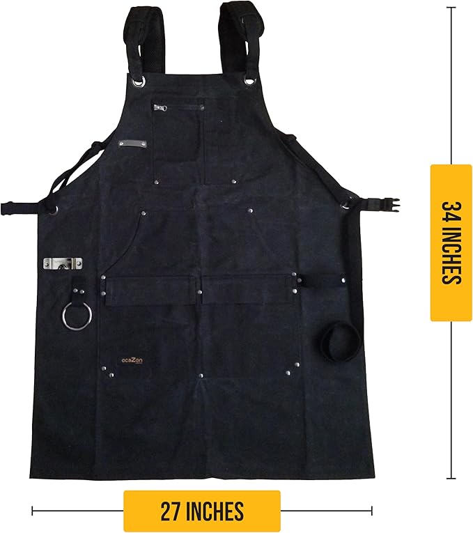 ecoZen Waxed Canvas Welding Apron with Kevlar Thread - Heat and Chemical Resistant, Fully Adjustable to Comfortably Fit Men and Women, 27 x 34 inches, Heavy Duty Tool Apron - Black, Size S to XXL