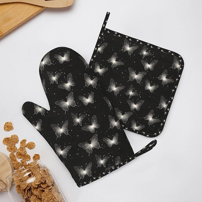 Oven Mitts and Pot Holders Black White Butterfly Silicone Kitchen Accessories Set of 2 Heat Resistant Long Gloves Potholder Non-Slip Grip for Chef Cooking,Baking,Grilling,BBQ